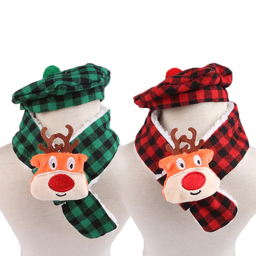 Winter Pet Scarf with 3D Antlers Matching Hat Polyester Xmas Cat Small Dog Plaid Scarf & Hat Warmer Christmas Pet Costume Set