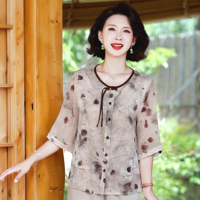 Pasite Chinese Style Printed Chiffon T-Shirt for Women XL