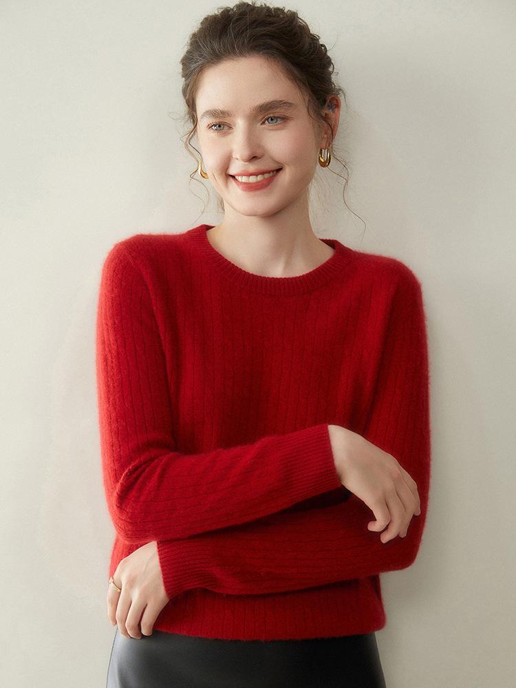 Women's Light Luxury Cashmere Sweater - Autumn/Winter Cable Knit, Round Neck, Slimming Fit, Long Sleeve.