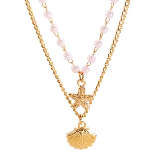Double Layer Shell Pendant Necklace Lightweight Hypoallergenic Women Faux Pearl Starfish Charm Layered Chain Necklace Ocean Beach Neck Jewelry