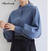 Korean Fashion Spring Autumn Women Blouse Stand Collar White Black Blue Khaki Loose Casual Shirt Lantern Sleeve Stylish Elegant Blouse