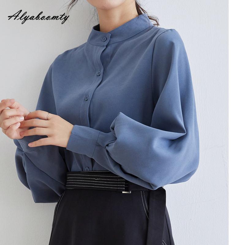 Korean Fashion Spring Autumn Women Blouse Stand Collar White Black Blue Khaki Loose Casual Shirt Lantern Sleeve Stylish Elegant Blouse