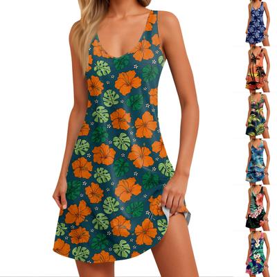 Vestido Camiseta Casual de Verano para Mujer con Estampado Hawaiano y Bolsillo