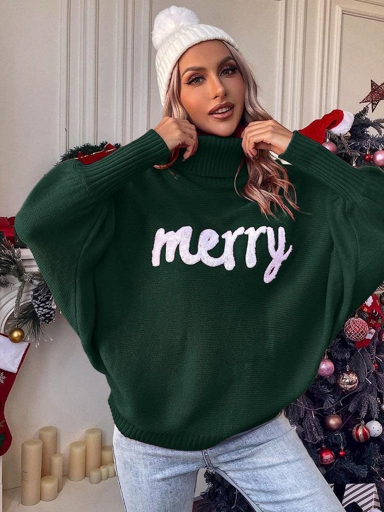 Women's European and American Loose Bat Sleeve Christmas Turtleneck Sweater