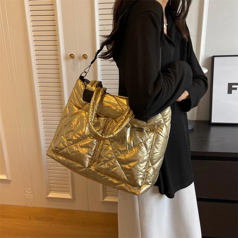 Geantă de umăr tip poștaș din bumbac căptușit pentru femei, geantă de iarnă spațioasă din puf, capacitate mare, ultraușoară, modă zilnică, nou