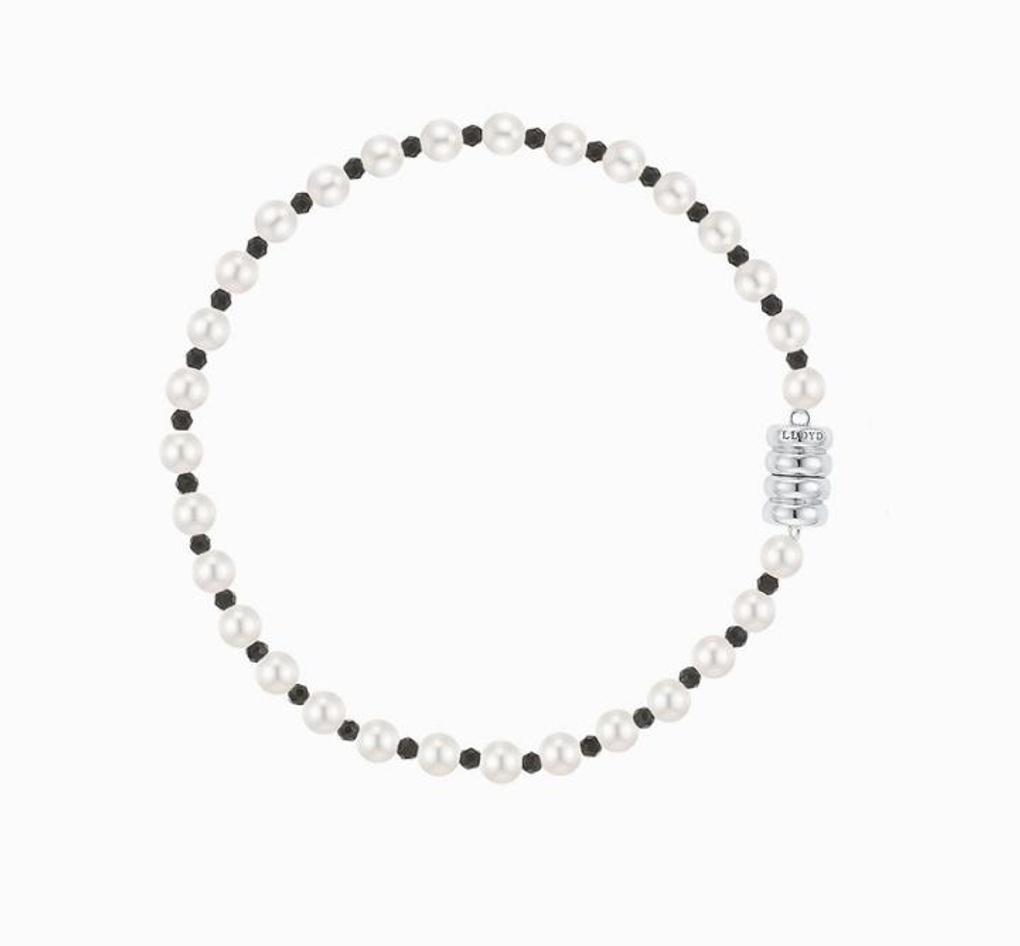 

[Silver 925] Godron Magnet Black Bead Mix Cream White Pearl Bracelet (4mm) LLWS25240 Silver
