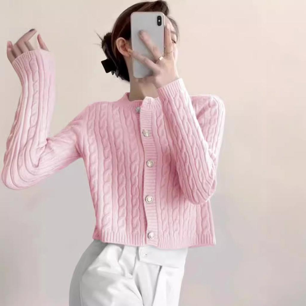 Fried Dough Twists Women's Knitted Cardigan Spring Versatile Korean Gentle Style Solid Color Slim Short Sweater Coat