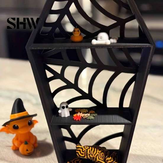 Gothic Style Home Accents Coffin-Shaped Spider Web Display Shelf, 3D Printed Tiered Mini Stand Figurine, Shelf Halloween Black Hollow Rack for