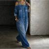 Loose Fit Bodycon Romper for Women Summer Denim Suspender Jumpsuit Long Sleeve Off Shoulder Overalls with Adjustable Straps