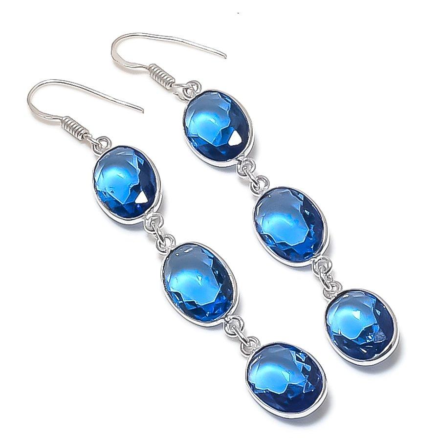 Swiss Blue Topaz Gemstone 925 Sterling Silver Earring 3.03"