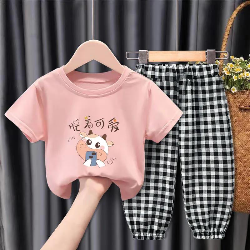 

Детская одежда Детский костюм-двойка Хлопковая футболка + повседневные брюки Повседневный костюм для мальчиков и девочек Летняя футболка с короткими рукавами 110