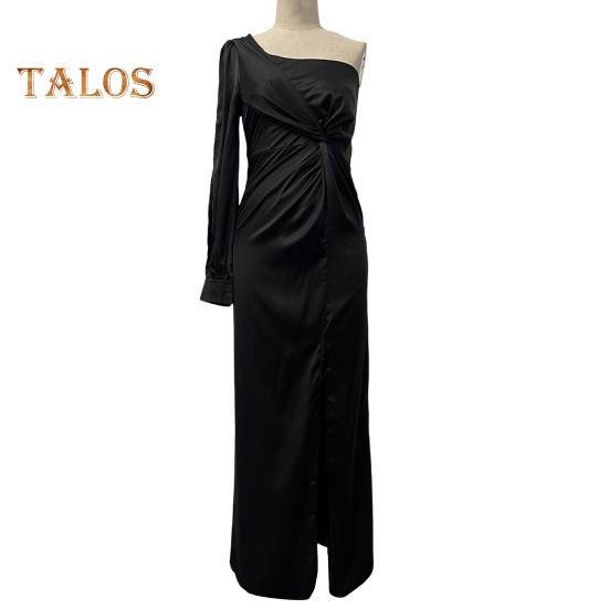 Lady Evening Dress One Shoulder Sleeveless Split Hem Solid Color Slim Waist Pleated Solid Color Off Shoulder Prom Cocktail Party Maxi Dress Ball Gown