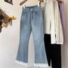 Spring and Summer Fashion High Waist Trend Lace Slightly Pulled Jeans Women's Thin Large Size Small Nine-point Bell Pants