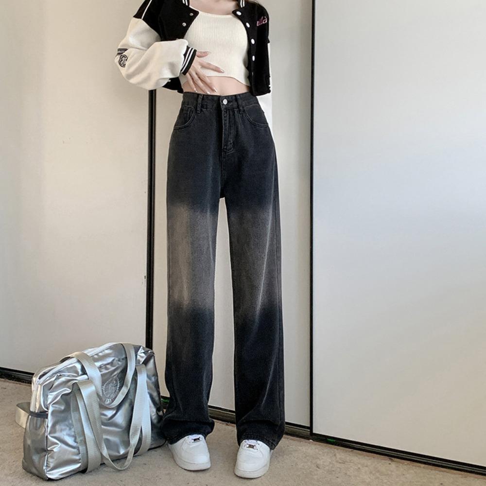 Spring and Autumn New Korean Version of Washing Water Gradual Change Straight Jeans Women's High Waist High Versatile Wide Leg Jeans