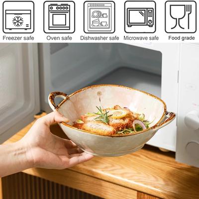 Ceramic Soup Bowl with Handles Noodle Ramen Microwave Safe Home Kitchen Tableware Double-eared Heat-resistant Fruit Salad Bowl