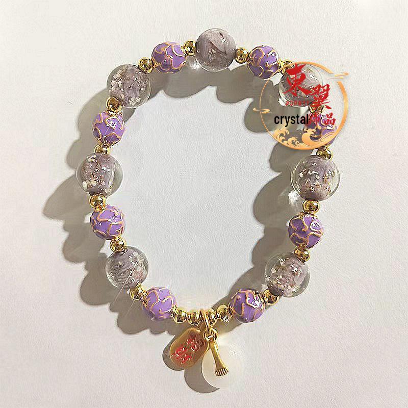 Luminous Purple Cloisonné Gold Sand Glaze Ping an Buckle Bracelet with Flourishing Flowers and Gold Foil Beads