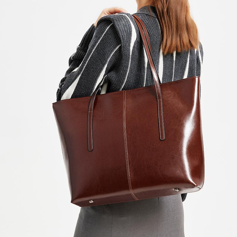Genuine Leather Tote Bag Women Vintage Cowhide Shoulder Bag Laptop Office Work Commuter Shopper Luxury Handbags