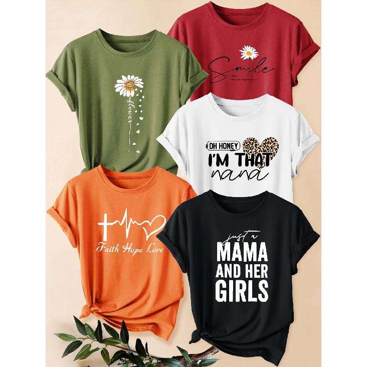 Five-piece set of women's letter and heart print short-sleeve shirts Leopard print heart and white chrysanthemum print round neck summer dress T