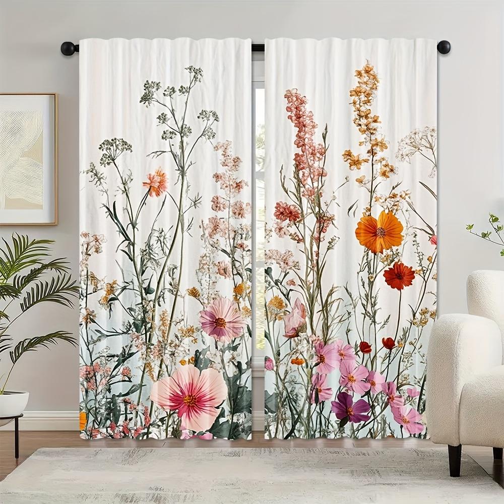 2pcs Rtic Floral Curtains with Green Leaf Design   Rod Pocket for Easy Hanging   Vibrant Wildflower Botanical Print for Bedroom