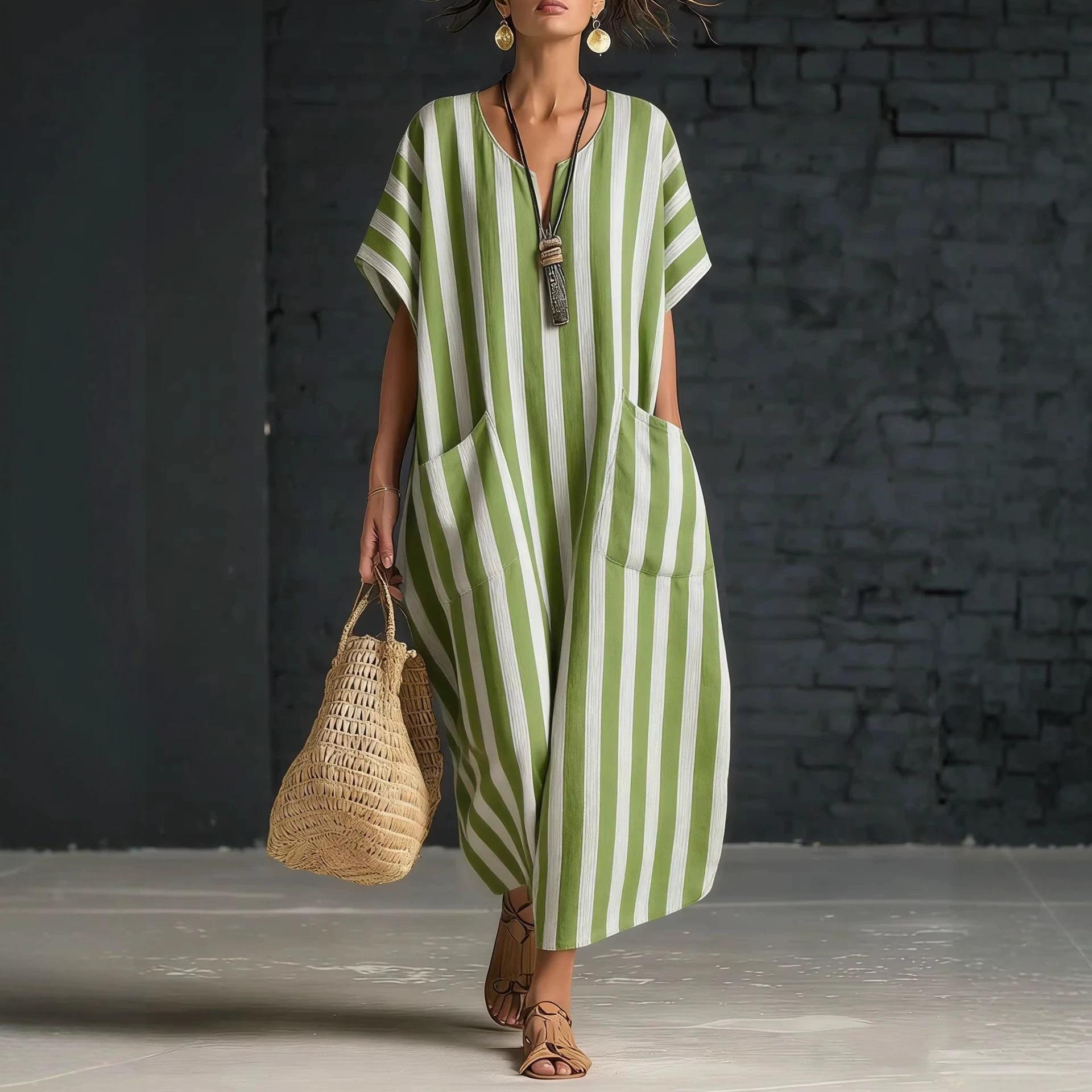 European and American fashion Amazon independent station new loose V-neck striped printed dress women s clothing S