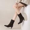 Krazing Pot Cow Suede Nubuck Autumn Winter Shoes Thick High Heels Big Size 43 Modern Boots Square Toe Keep Warm Slip on Mid-calf Boots