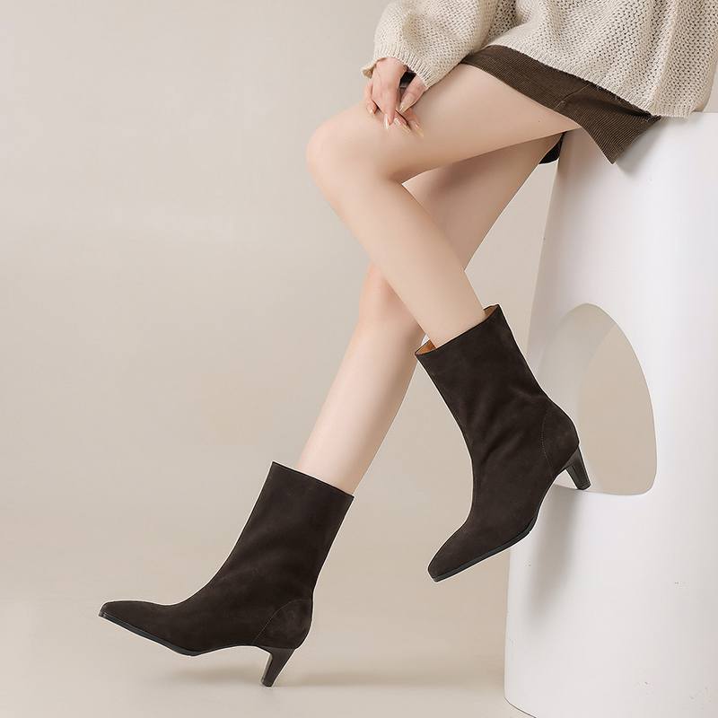 Krazing Pot Cow Suede Nubuck Autumn Winter Shoes Thick High Heels Big Size 43 Modern Boots Square Toe Keep Warm Slip on Mid-calf Boots