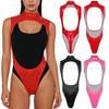 Damen Glänzender PU-Leder Bodysuit Stehkragen Metall D-Ring Offene Vorderseite Rückenfrei Hoch ausgeschnittenes Leotard
