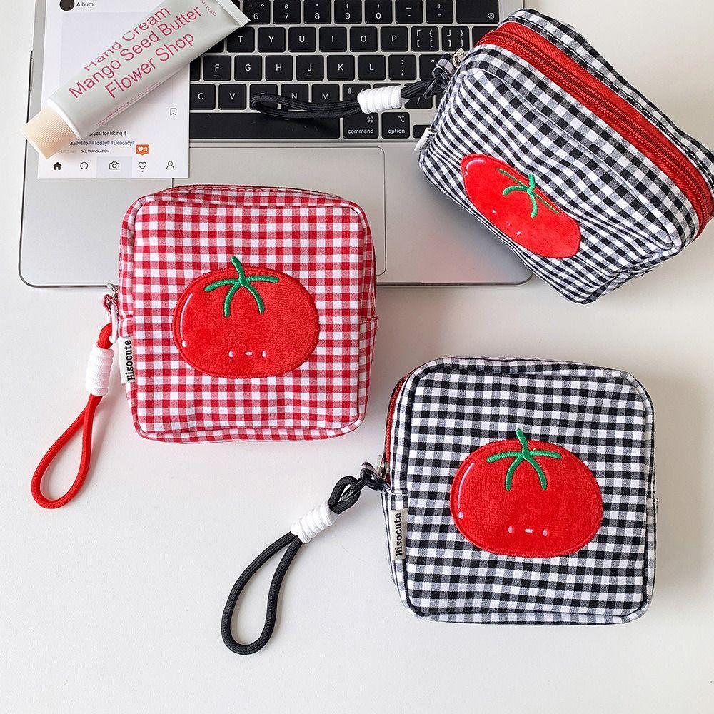Tomato Plaid Small Makeup Bag Square Mini Organizer Bag  CCD Camera Sanitary Napkin Lipstick