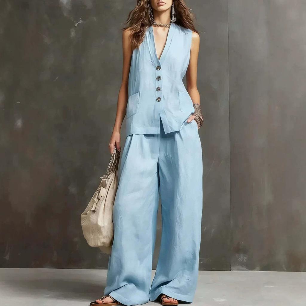2026 European and American cross-border Amazon new women's sleeveless vest vest wide-leg pants cotton and linen two-piece women's clothing