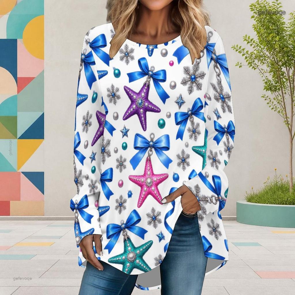 Women Plus Size White Christmas Printed Round Neck Long Sleeve Loose High Low Hem Shirt