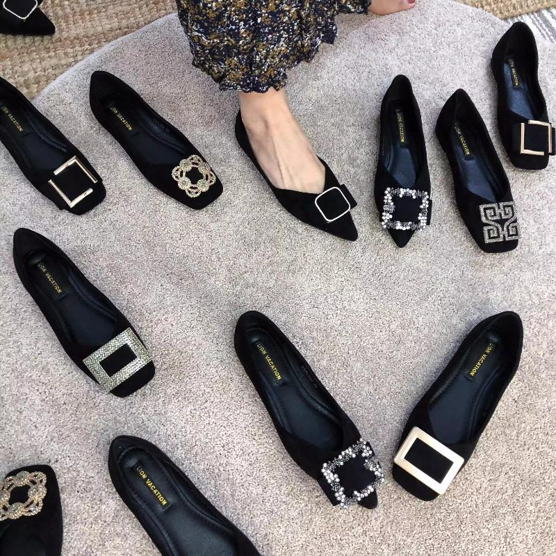 Fashion Pointed Flat Shoes for Women's Spring Summer New Shallow Cut Suede Soft Sole Black Women's Shoes Ladies Large Size 44