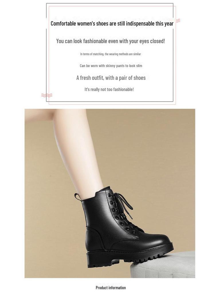 Botas Martin de Cuero Genuino para Mujer - Otoño/Invierno 2024, Tacón Bajo, Acolchado de Terciopelo, Suela Plana, Forrado de Algodón