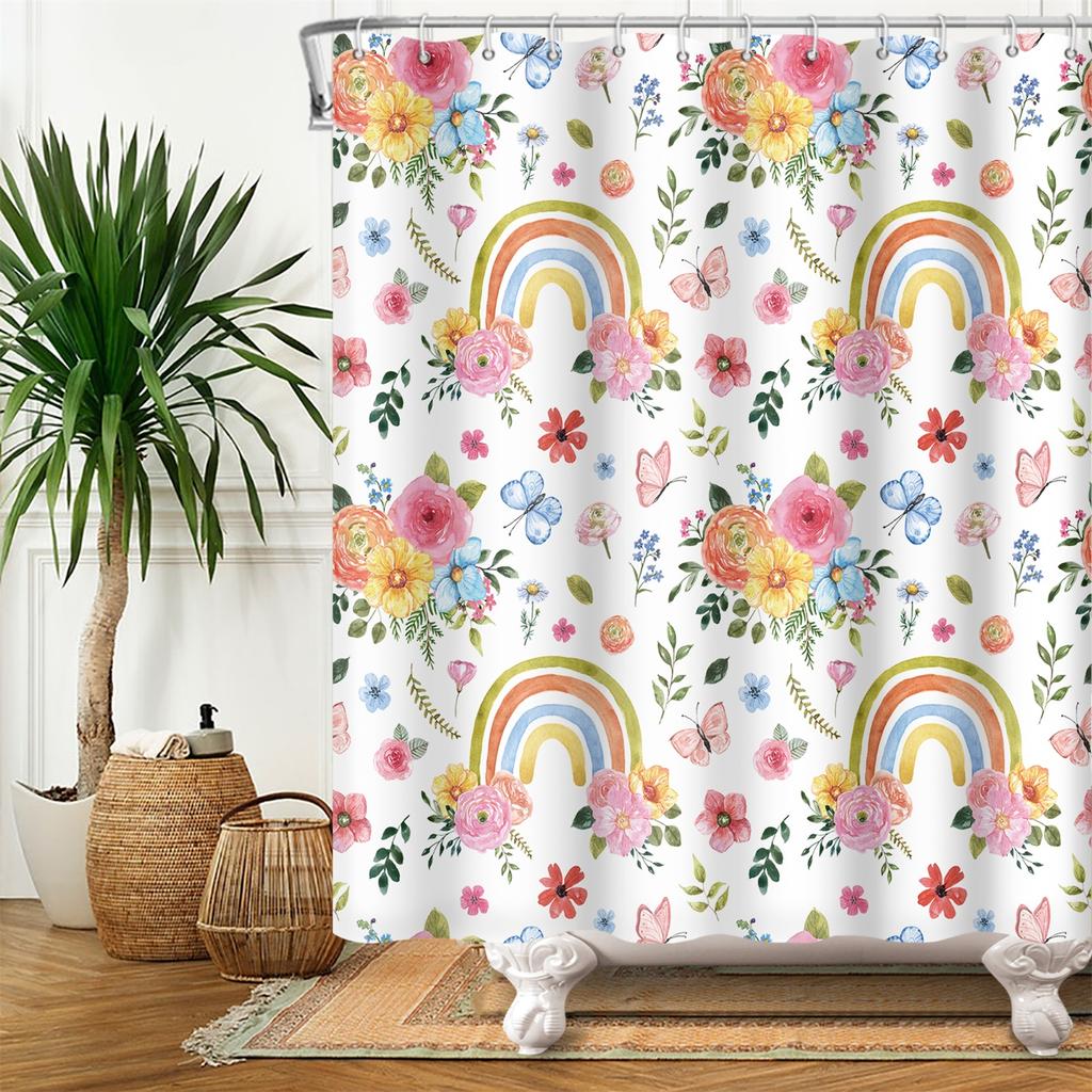 Cartoon Shower Curtain for Bathroom Kids Rainbow Cloud Sun Stars Flower Unicorn Cute Animals Waterproof Bath Curtain Home Decor