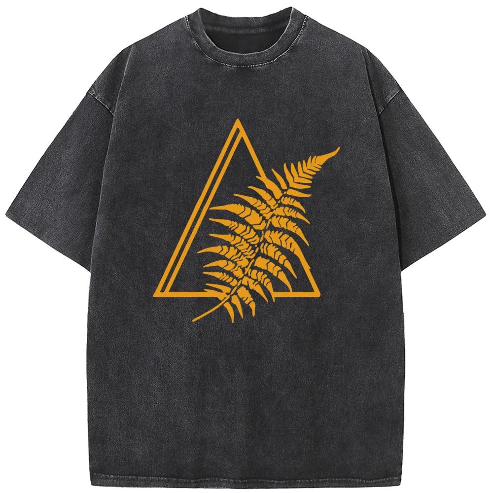 Men's Geometric Gold Triangle Plant Que Short-Sleeved Shirt Fashion Casual Washed T-Shirt Vintage Summer Cotton Bleach T shirt