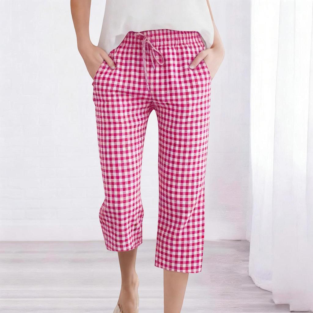 Women's Fashion Tartan Print Elastic Waistband Pocket Loose Casual Seven-Eighths   7/10  PantS
