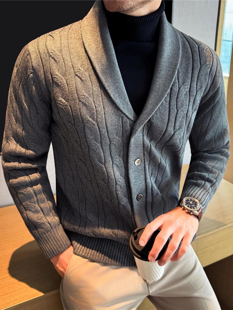 Men's High-End Cable Knit Cardigan Sweater - Light Luxury Old Money Style for Autumn and Winter.