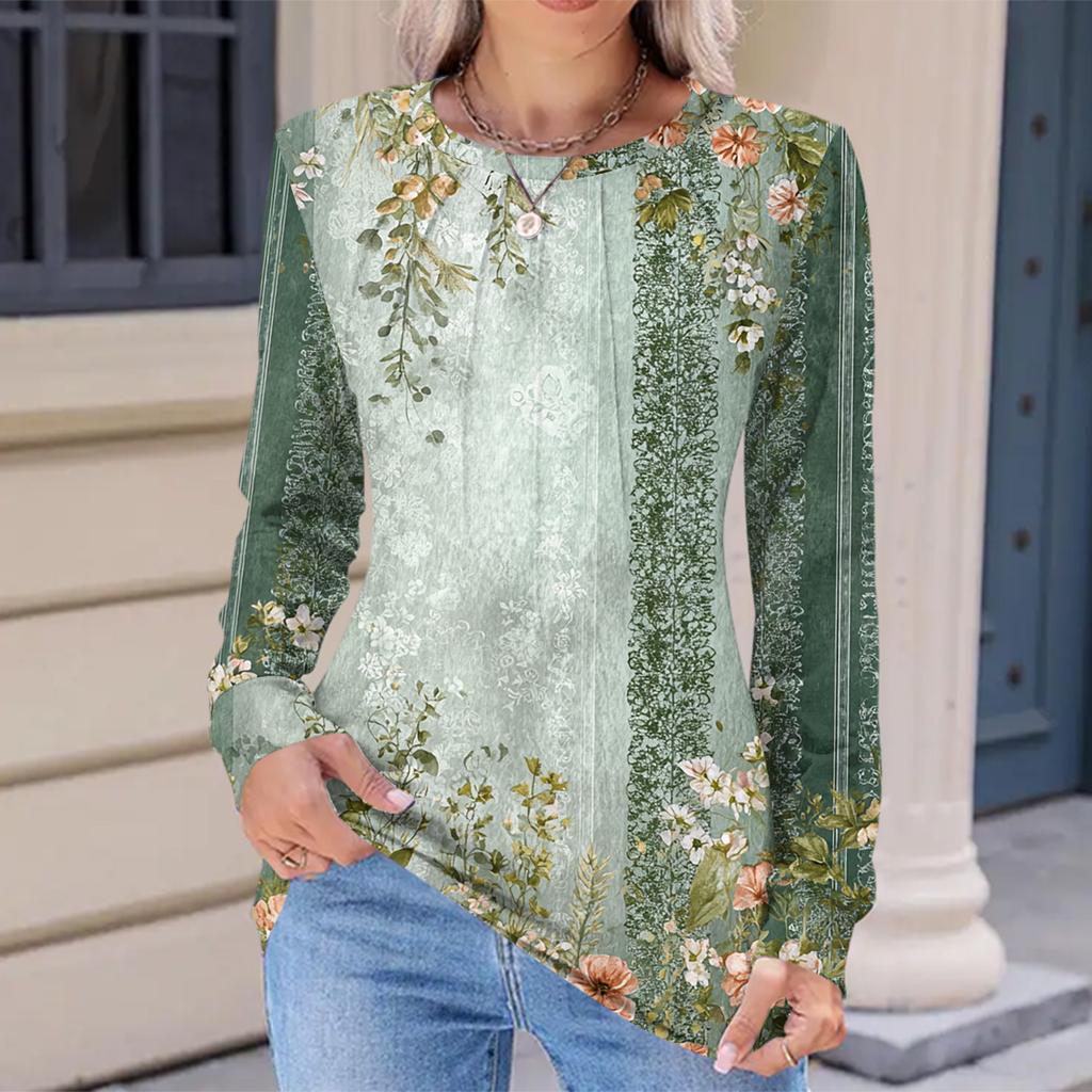 Women's Fashionable Casual Floral Retro Print Pleated Comfortable Round Neck Loose Long Sleeve T-shirt Top