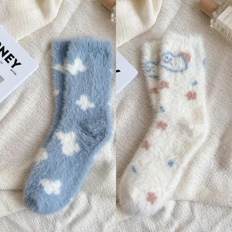 Women Cute Plush Socks Warm Winter Fluffy Mink Fleece Middle Tube Sock Butterfly Cloud Kawaii Cartoon Fuzzy Floor Sleeping Socks