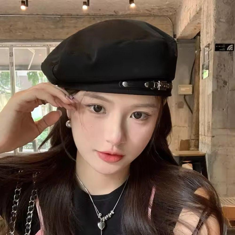 Big Head Circumference Metal Buckle Octagonal Hat Solid Color Painter Cap Vintage Beret Hat  Women