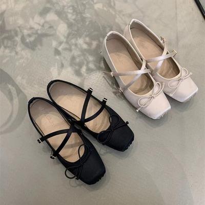 Retro Gentle Fairy Skirt Low Heel Square Head Bow Word Belt Single Shoes Women 2025 New Ballet Style Women's Shoes