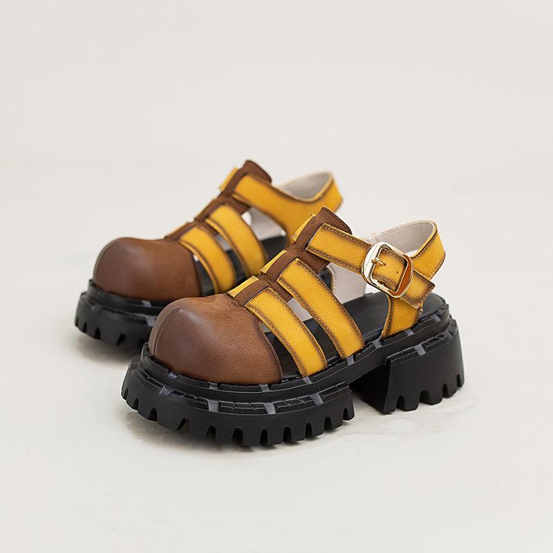 

2026 Summer Women s Genuine Leather Sandals Unique Design Platform Casual Shoes Ugly Chic Mary Janes Macaron Colors 40 коричневий