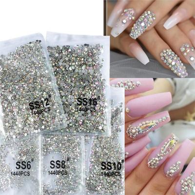 1440 st Plattbaksida Glas Nagelkristaller Strass AB Vit 3D Nagelkonst Glitter Dekoration SS3-SS16 Glänsande Stenar Manikyr Tillbehör
