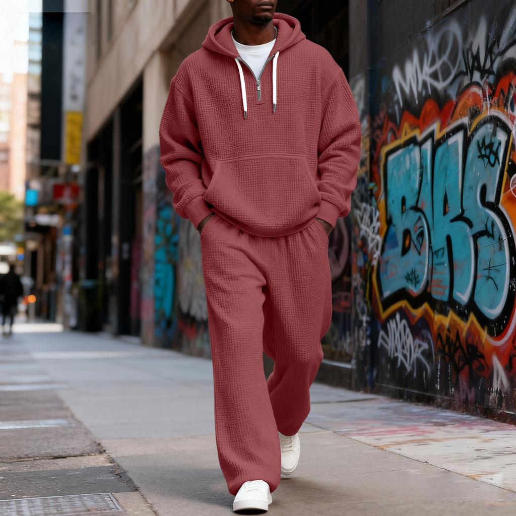 Men's  And Winter  Texture Zipper Hooded Sweatshirt Straight Pants Casual Set