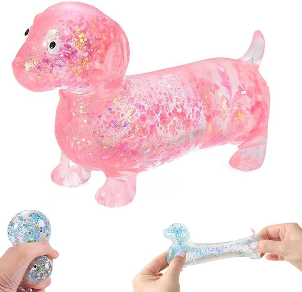 Cute Dachshund Squishy,Sparkly Squishy Sausage Dog, Ultra-Soft Mini Stress-Relieving Rainbow Touch Weiner Dog