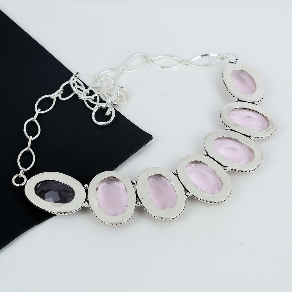 Pink Kunzite Gemstone Handmade 925 Sterling Silver Necklace, Blue Copper Turquoise Silver Necklace For Wife, Unisex Necklace, Christmas Day Gift
