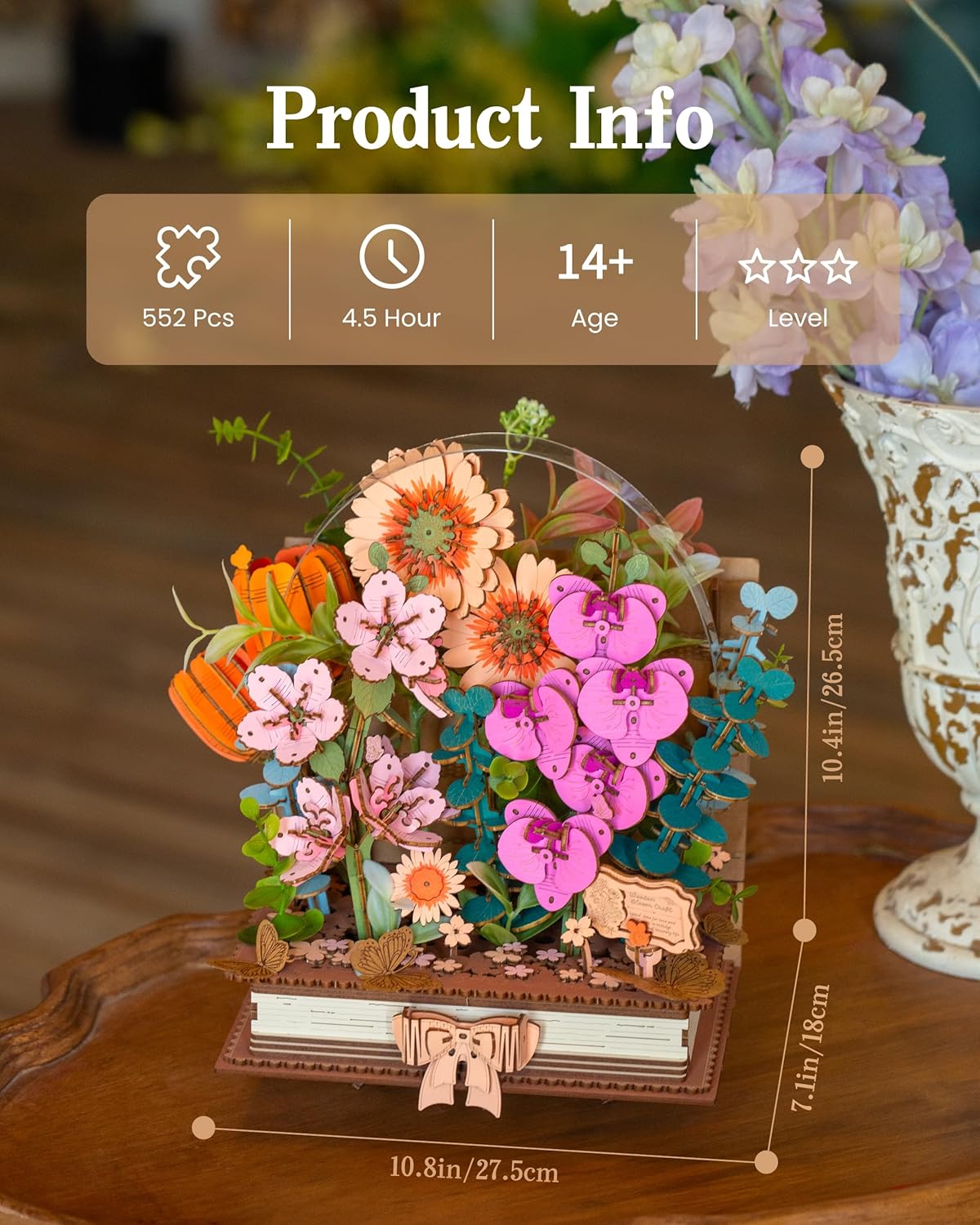 Rolife 3D Wooden Puzzle Blooming Book Artificial Flower Model Kits for Adults to Build DIY Craft Construction Building Set Art