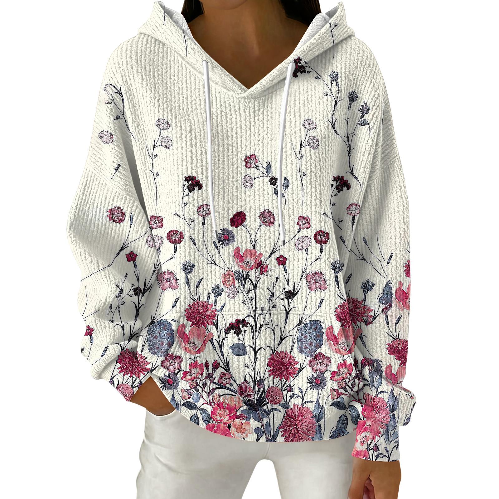 

Женский модный повседневный пуловер с цветочным принтом, толстовка с капюшоном и длинными рукавами L бежевый