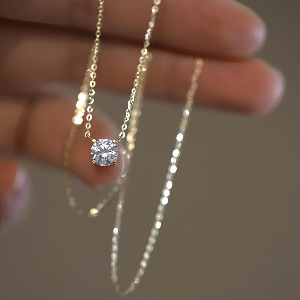 925 Silver 18K Gold-Plated Necklace Versatile Single Shiny Zircon Clavicle Chain Women's Wedding Jewelry