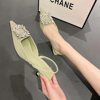 Sandalo da Donna con Fibbia in Cristallo alla Moda 2024 Scarpe da Donna Estive Tacco Basso Punta Acuta Slingback Ciabatte Scarpe Eleganti