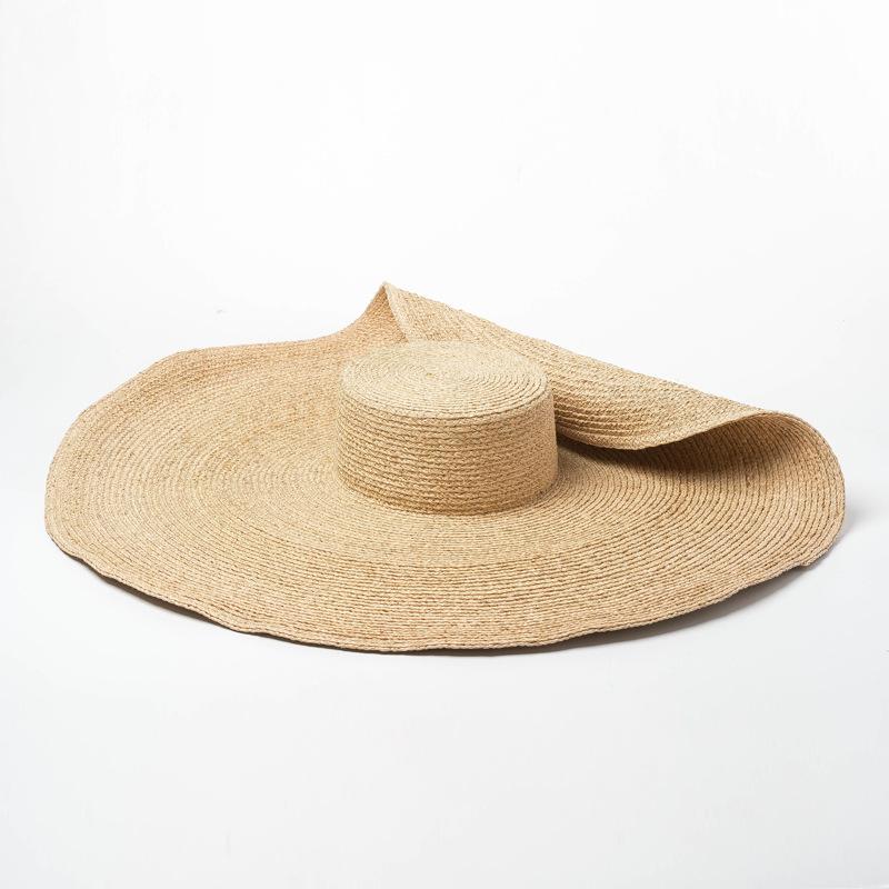 Spring and Summer New Flat-top Large Brim Lafite Straw Hat Concave Travel Sunscreen Large Edge Lafite Grass Flat-top Hat